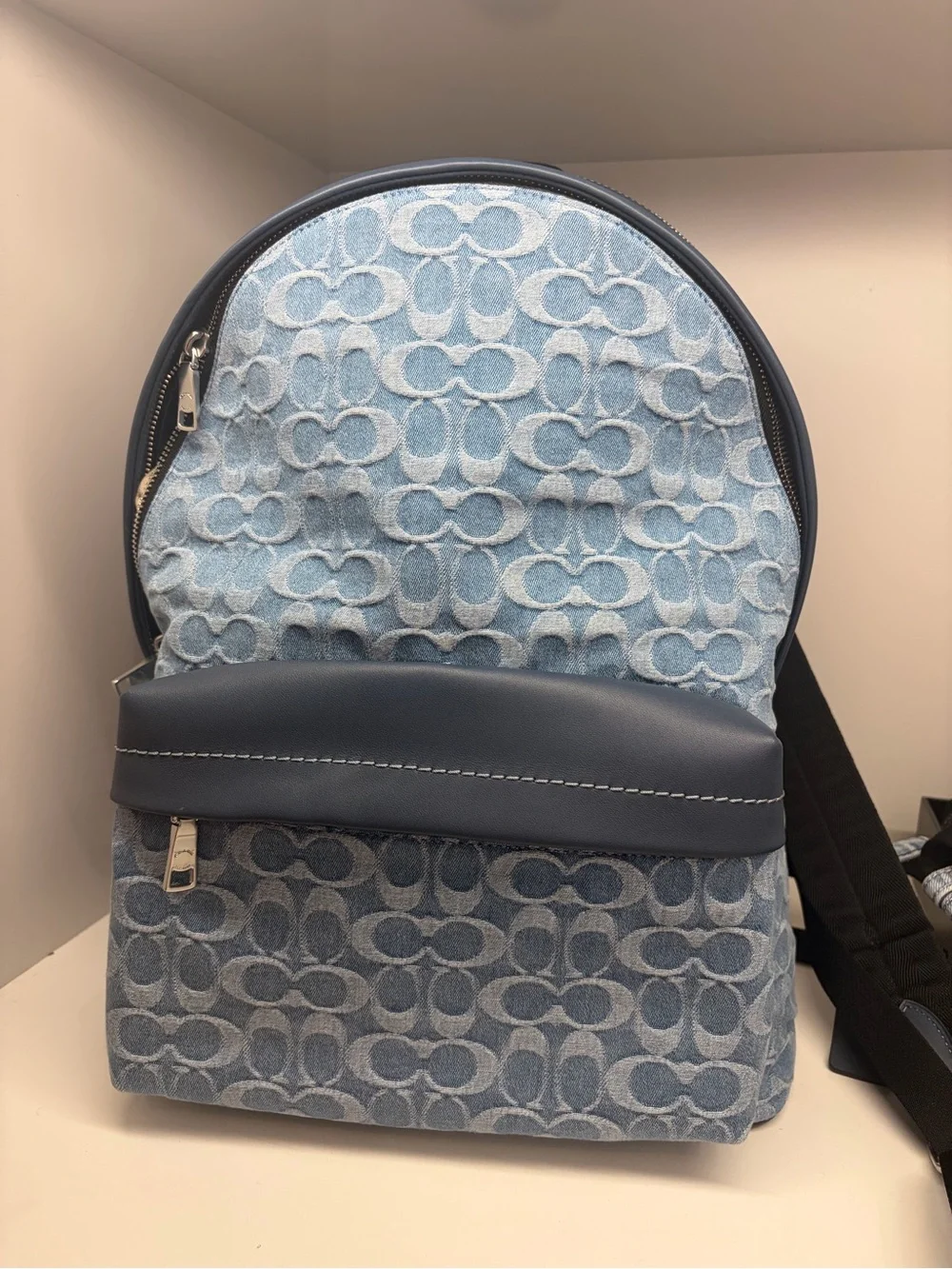 Coach Light Blue denim Signature Jacquard Backpack with Slate Trim blue leather
